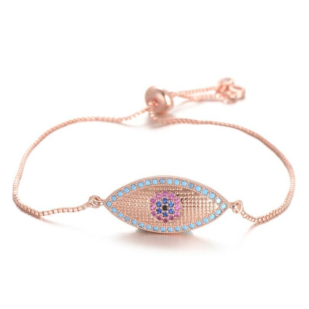 Large Evil Eye Pave Cubic Zirconia Rose Gold Thin Adjustable Bracelet